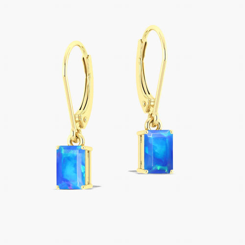 Blue Fire Opal Octagon Drop Dangle Earrings