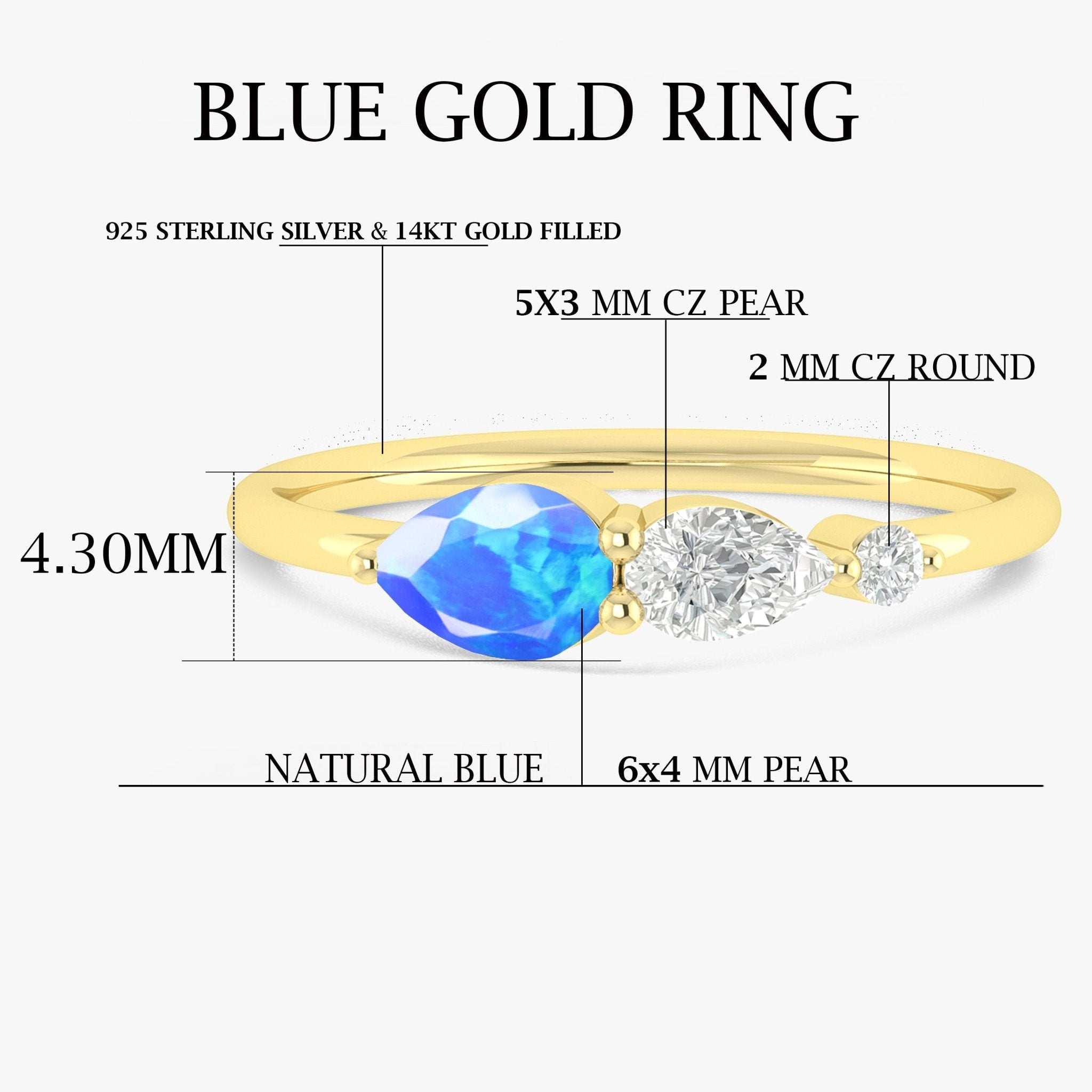 Blue Fire Opal Pear Three Stone Ring - Goodstone Jewels