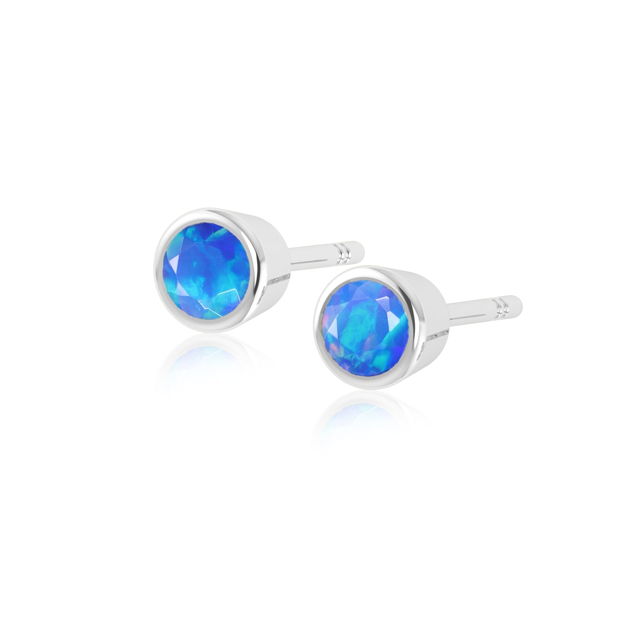 Blue Fire Round Opal Bezel Stud Earring - Goodstone Jewels