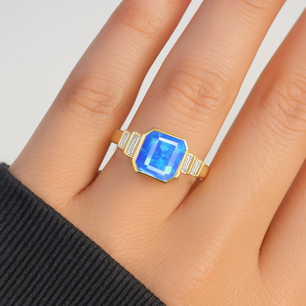 Blue Opal Stackable Ring in Sterling Silver & Gold Plated October Birthstone - Goodstone Jewels