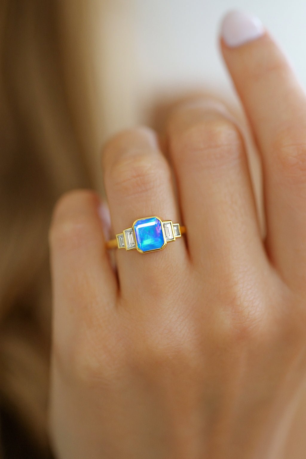 Blue Opal Stackable Ring in Sterling Silver & Gold Plated October Birthstone - Goodstone Jewels