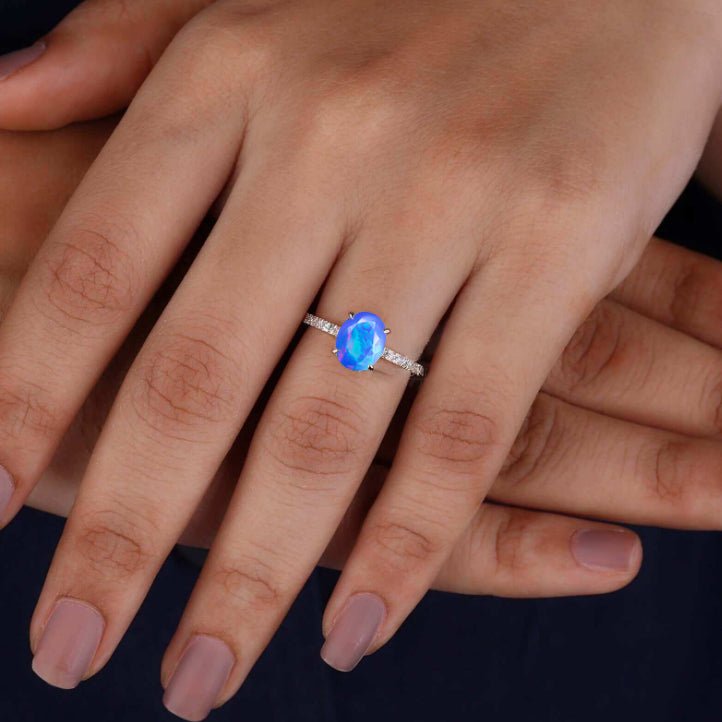 Blue oval Ethiopian fire opal Statement ring for women - Goodstone Jewels