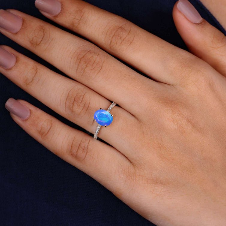 Blue oval Ethiopian fire opal Statement ring for women - Goodstone Jewels