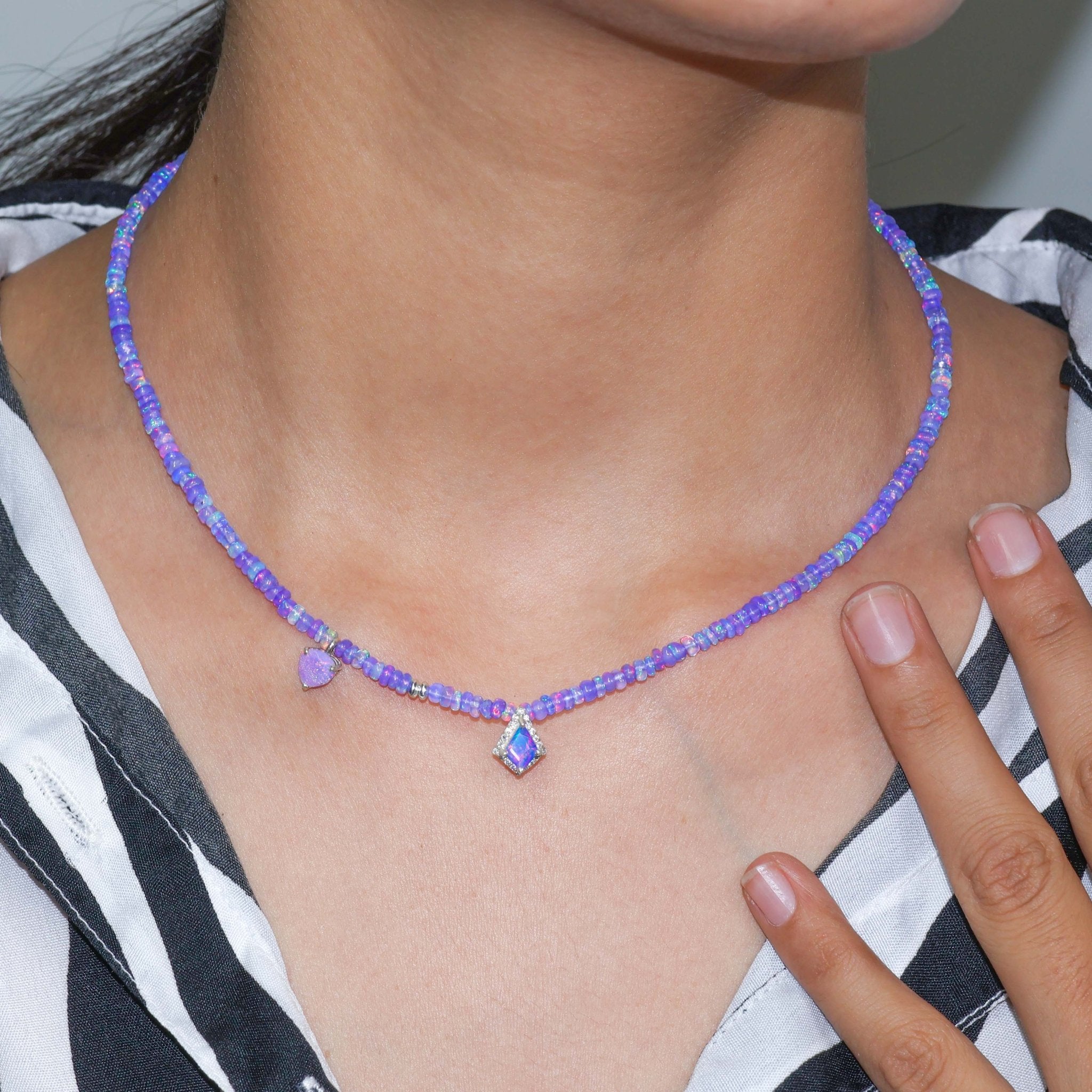 Charm Beaded Necklace with Natural Lavender Opal - Goodstone Jewels