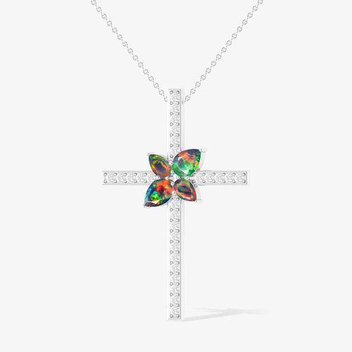 Cross Style Chain Pendant Necklace Natural Black Opal