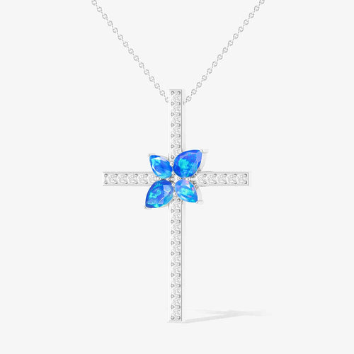 Cross Style Chain Pendant Necklace Natural Blue Opal