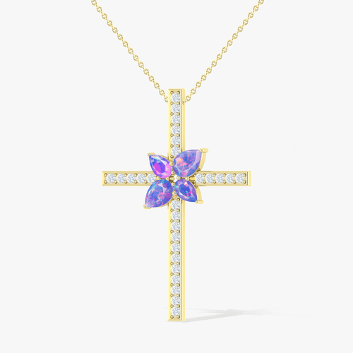 Cross Style Chain Pendant Necklace Natural Lavender Opal