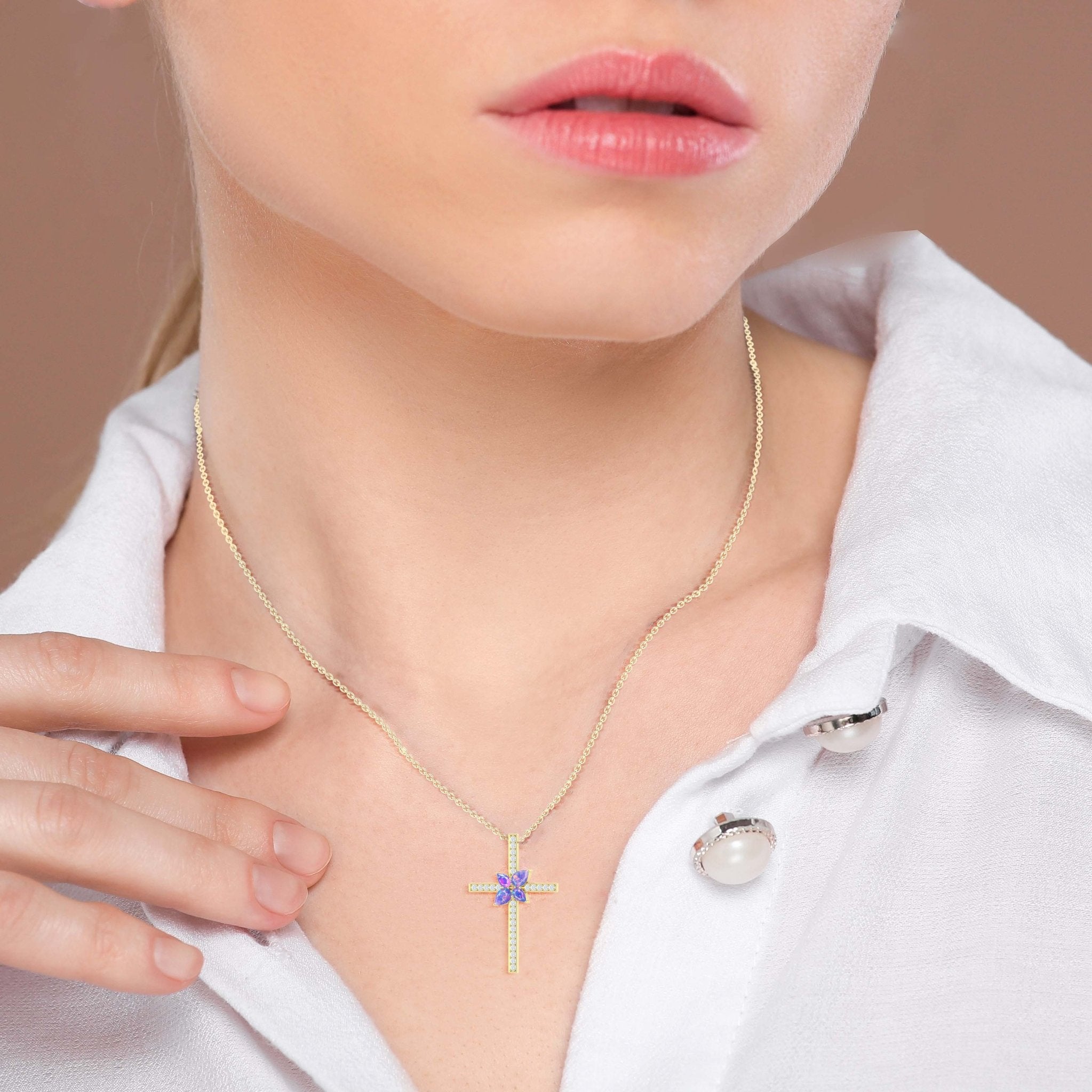 Cross Style Chain Pendant Necklace Natural Lavender Opal - Goodstone Jewels
