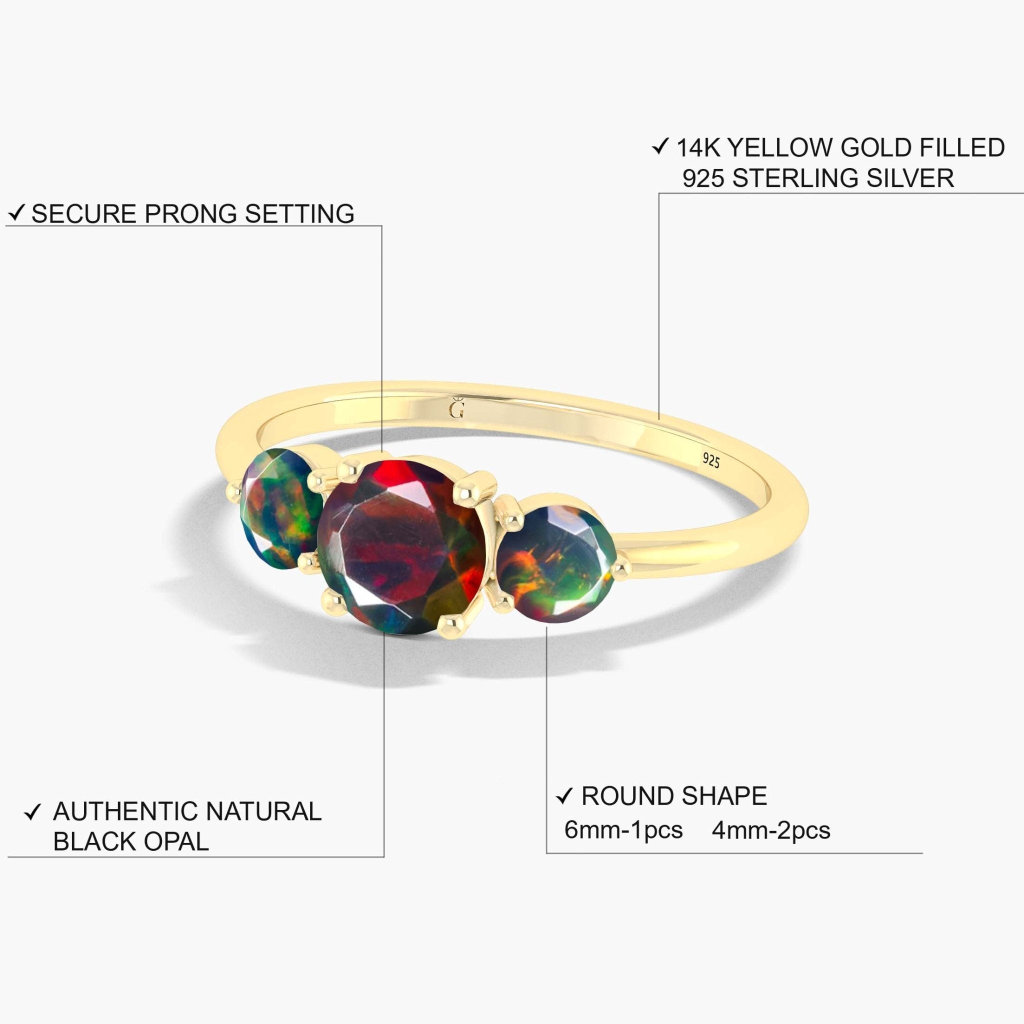 Dainty 3 Round Black fire Opal ring for women - Goodstone Jewels