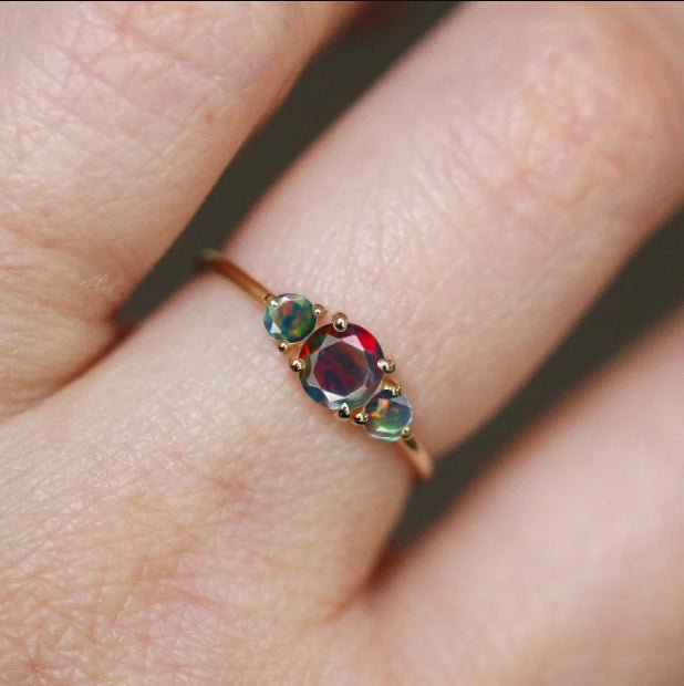 Dainty 3 Round Black fire Opal ring for women - Goodstone Jewels