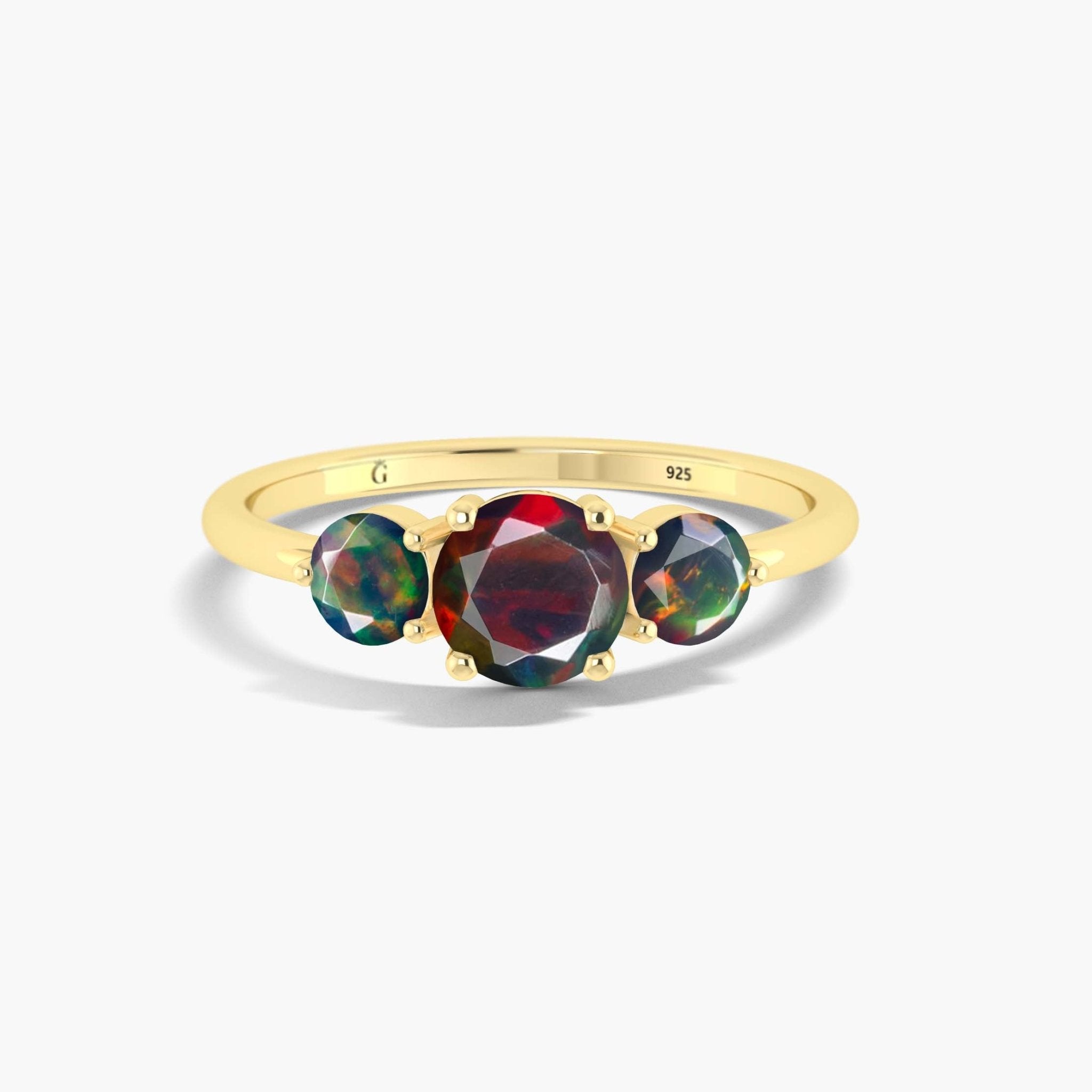 Dainty 3 Round Black fire Opal ring for women - Goodstone Jewels
