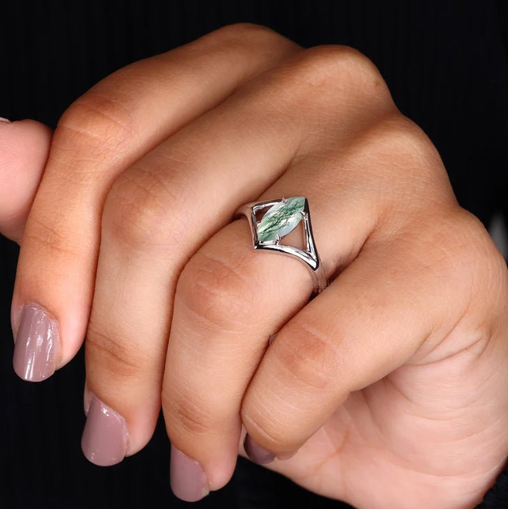 Dainty Marquise Shape Moss Agate Handcrafted ring - Goodstone Jewels