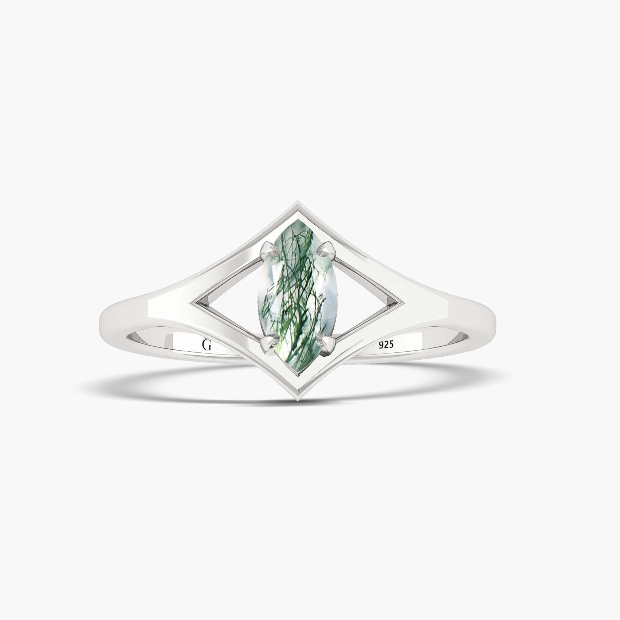 Dainty Marquise Shape Moss Agate Handcrafted ring - Goodstone Jewels