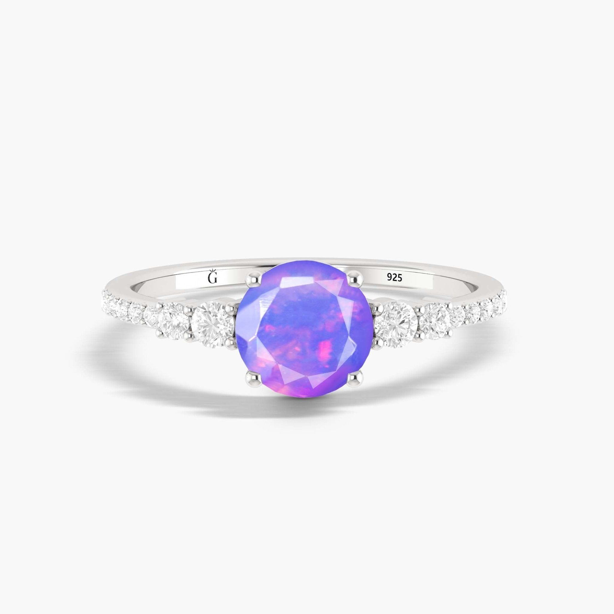 Dainty round Lavender fire Ethiopian opal wedding ring - Goodstone Jewels