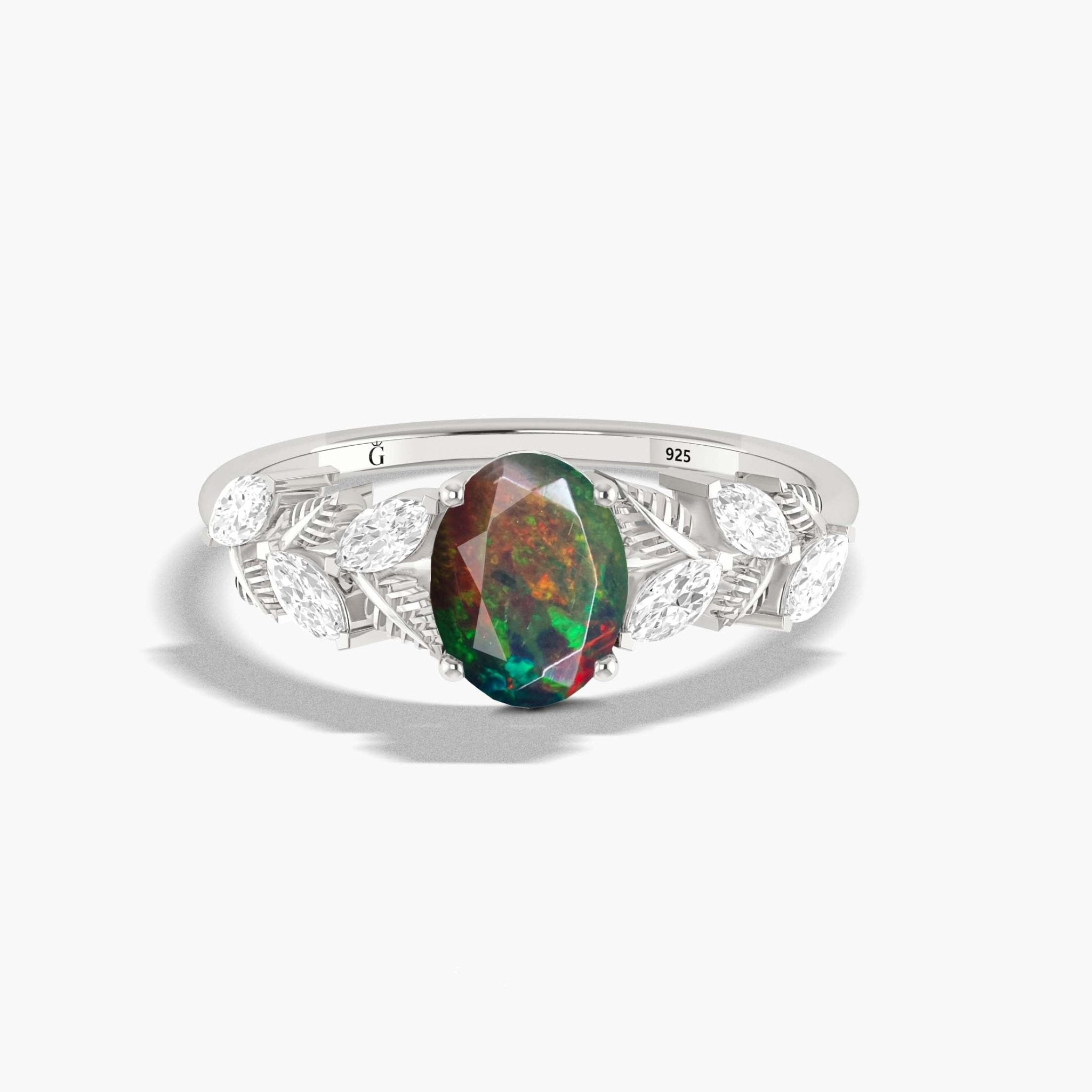 Designer Leaf Ring with 8X6 MM Natural Black Opal and White Zircon - Goodstone Jewels