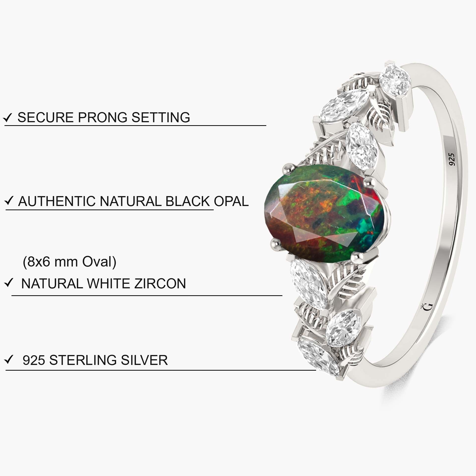 Designer Leaf Ring with 8X6 MM Natural Black Opal and White Zircon - Goodstone Jewels
