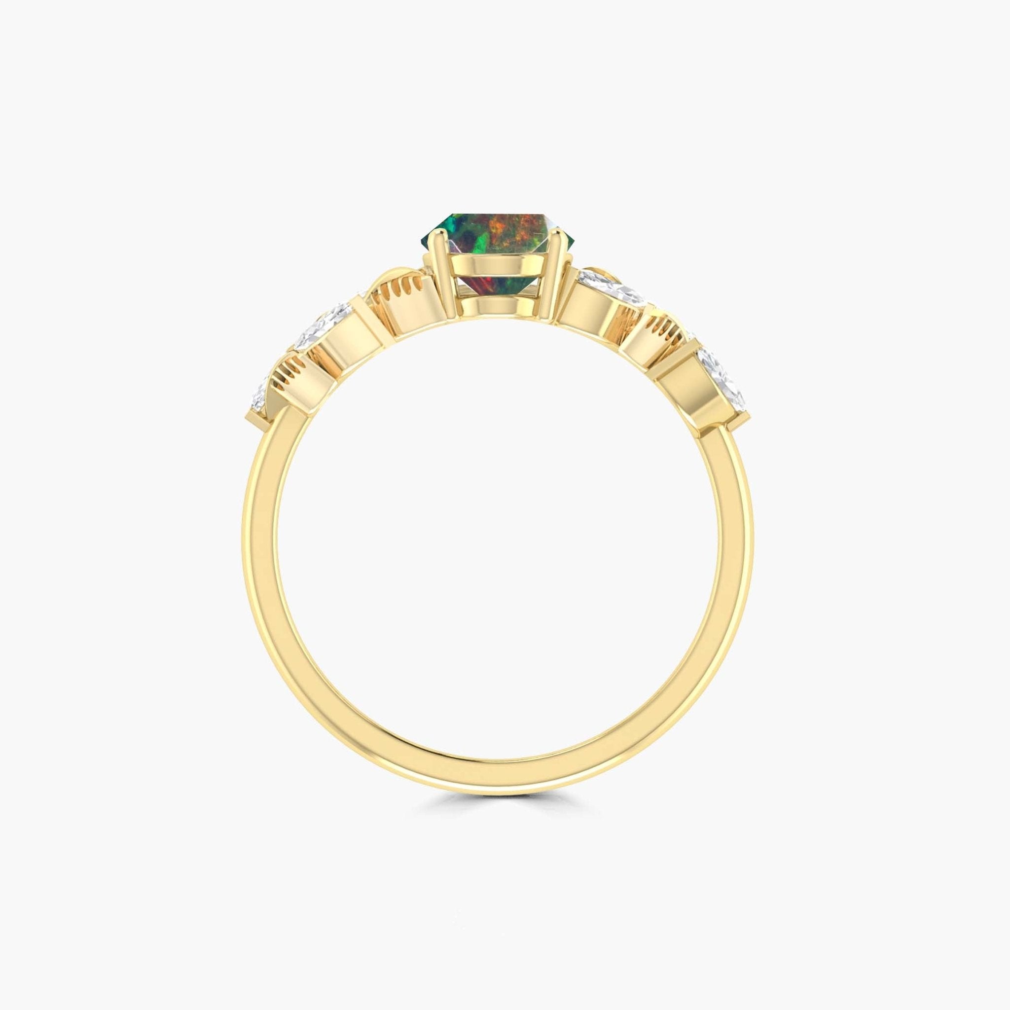 Designer Leaf Ring with 8X6 MM Natural Black Opal and White Zircon - Goodstone Jewels