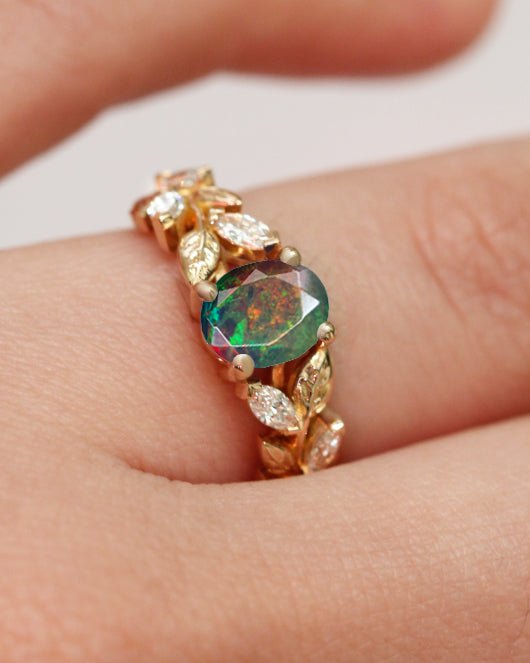 Designer Leaf Ring with 8X6 MM Natural Black Opal and White Zircon - Goodstone Jewels
