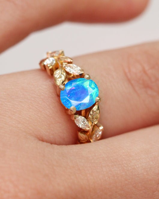 Designer Leaf Ring with 8X6 MM Natural Blue Opal and White Zircon - Goodstone Jewels