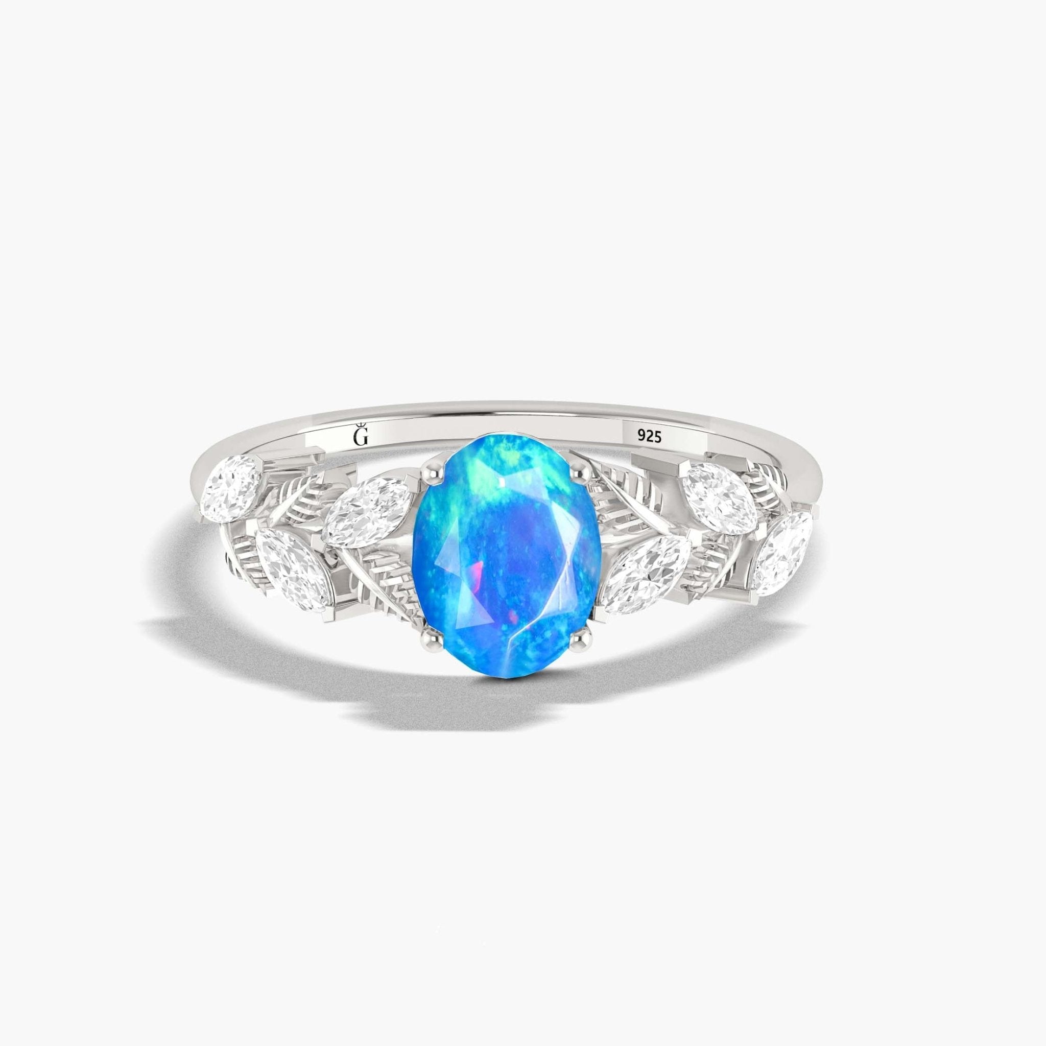Designer Leaf Ring with 8X6 MM Natural Blue Opal and White Zircon - Goodstone Jewels