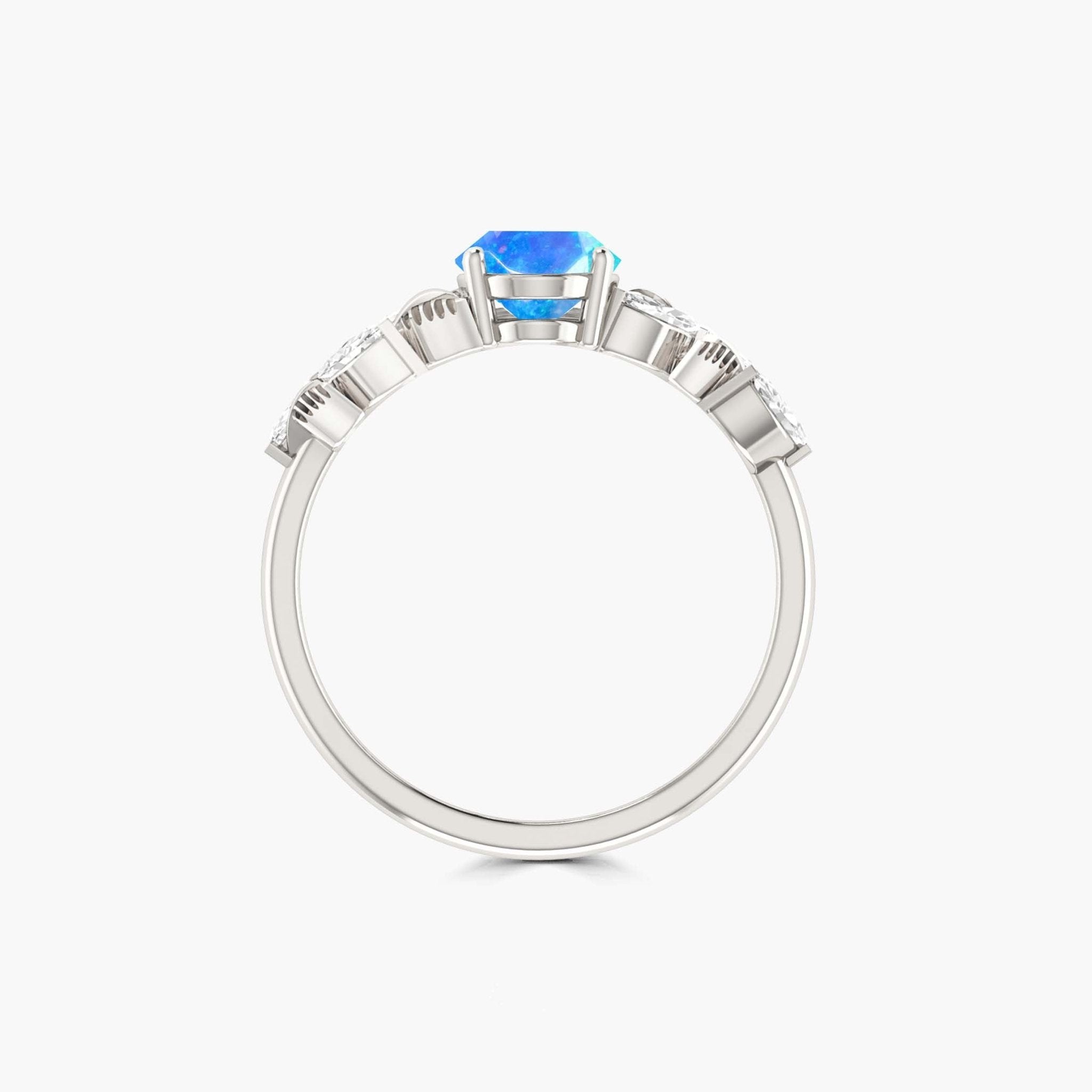 Designer Leaf Ring with 8X6 MM Natural Blue Opal and White Zircon - Goodstone Jewels