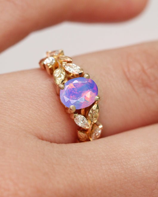 Designer Leaf Ring with 8X6 MM Natural Lavender Opal and White Zircon - Goodstone Jewels