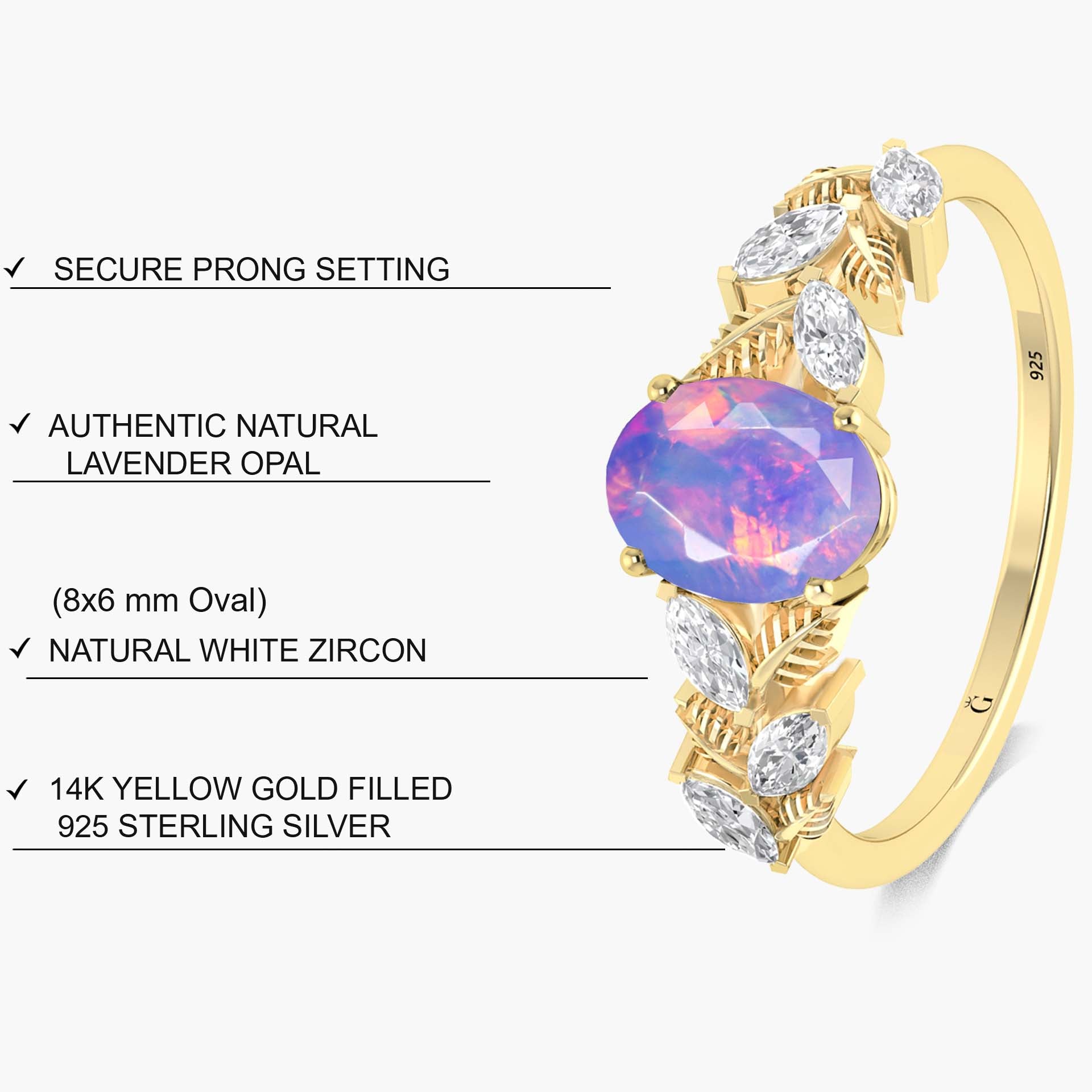 Designer Leaf Ring with 8X6 MM Natural Lavender Opal and White Zircon - Goodstone Jewels