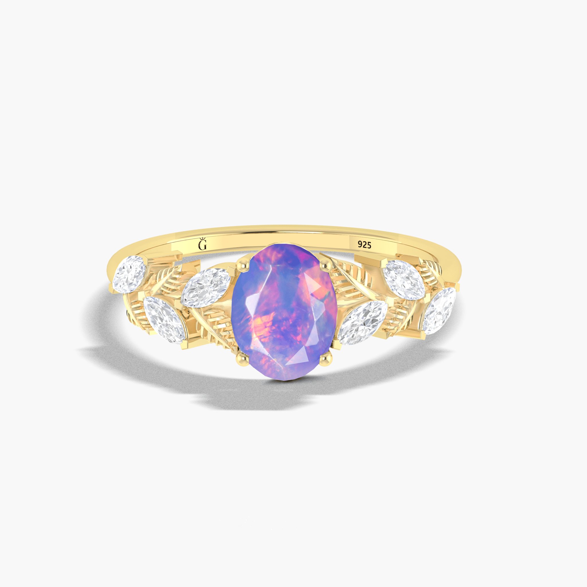 Designer Leaf Ring with 8X6 MM Natural Lavender Opal and White Zircon - Goodstone Jewels