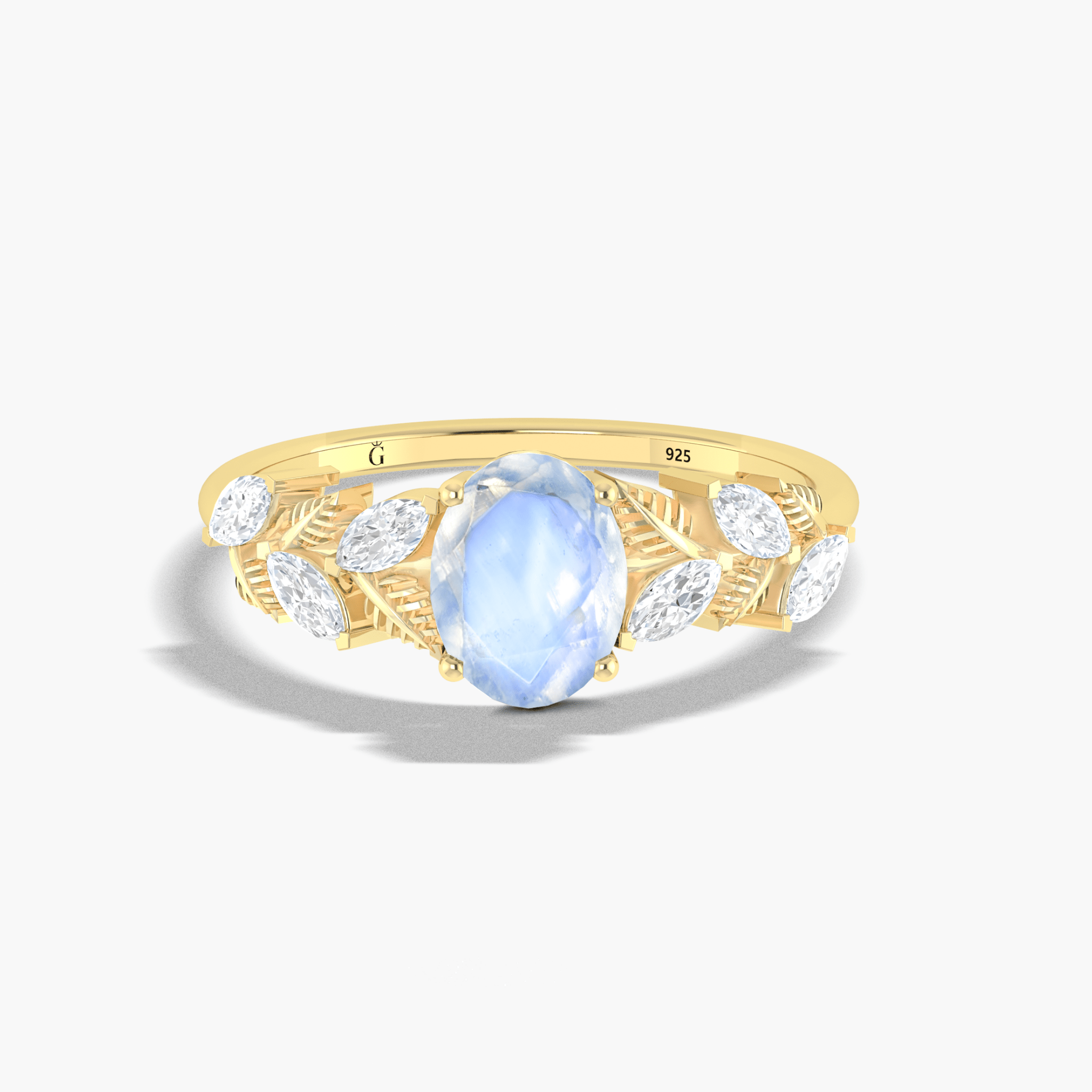 Designer Leaf Ring with 8X6 MM Natural Moonstone and White Zircon - Goodstone Jewels