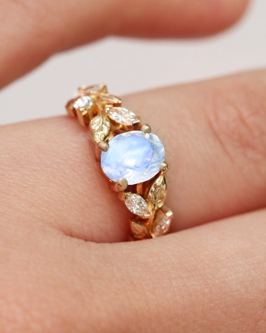 Designer Leaf Ring with 8X6 MM Natural Moonstone and White Zircon - Goodstone Jewels