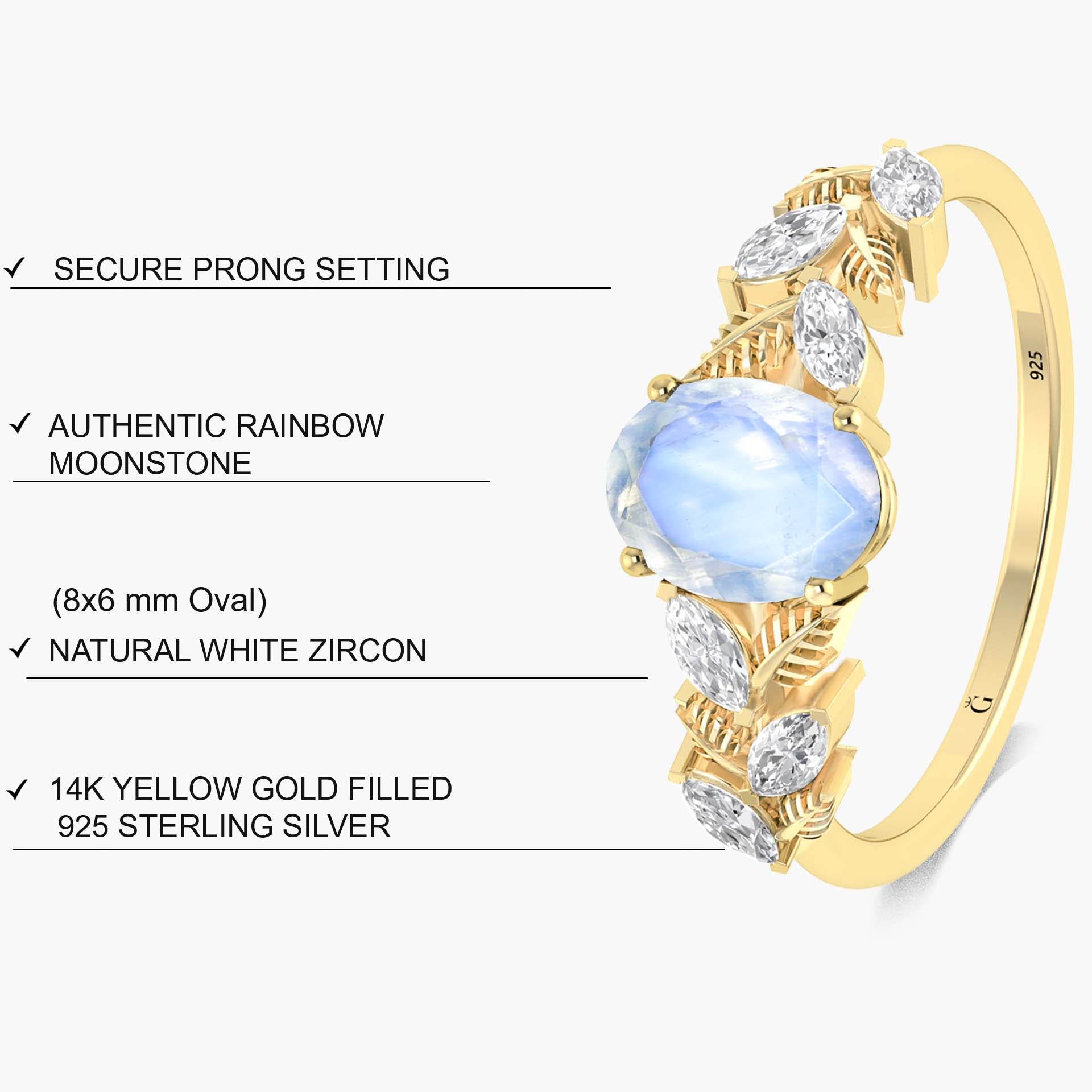 Designer Leaf Ring with 8X6 MM Natural Moonstone and White Zircon - Goodstone Jewels