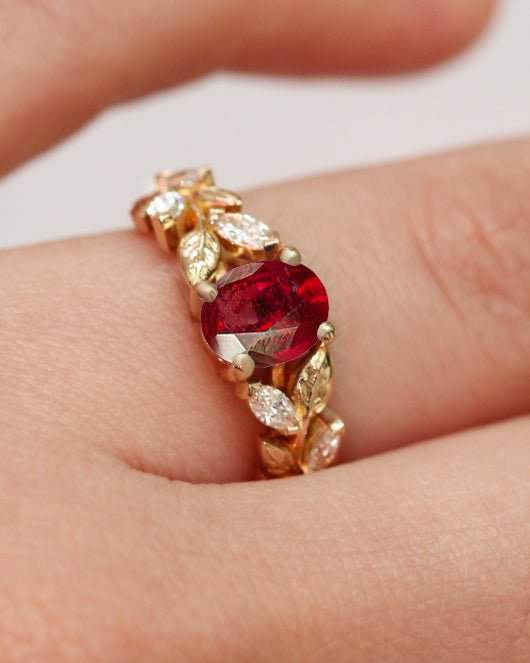 Designer Leaf Ring with 8X6 MM Natural Ruby and White Zircon - Goodstone Jewels