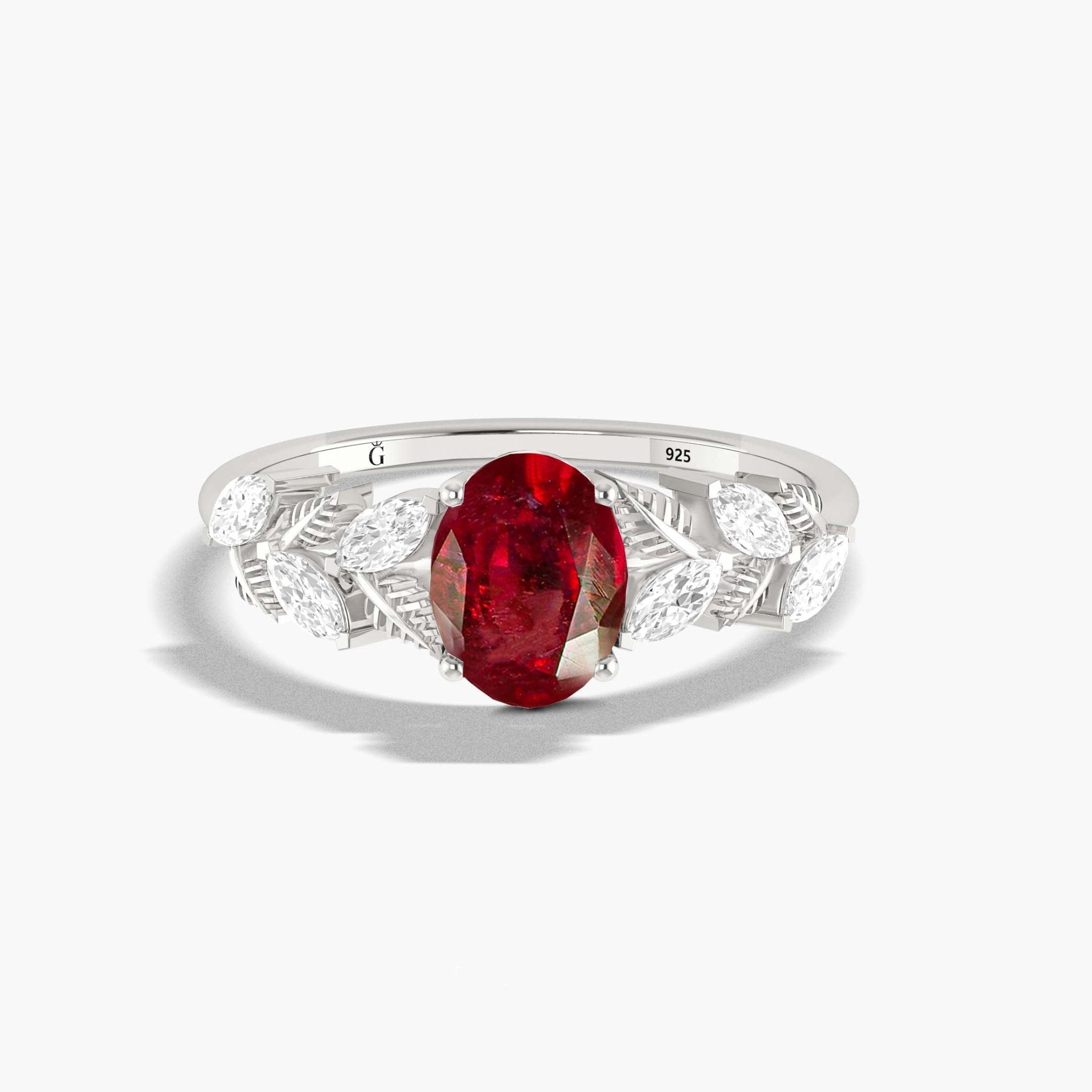 Designer Leaf Ring with 8X6 MM Natural Ruby and White Zircon - Goodstone Jewels