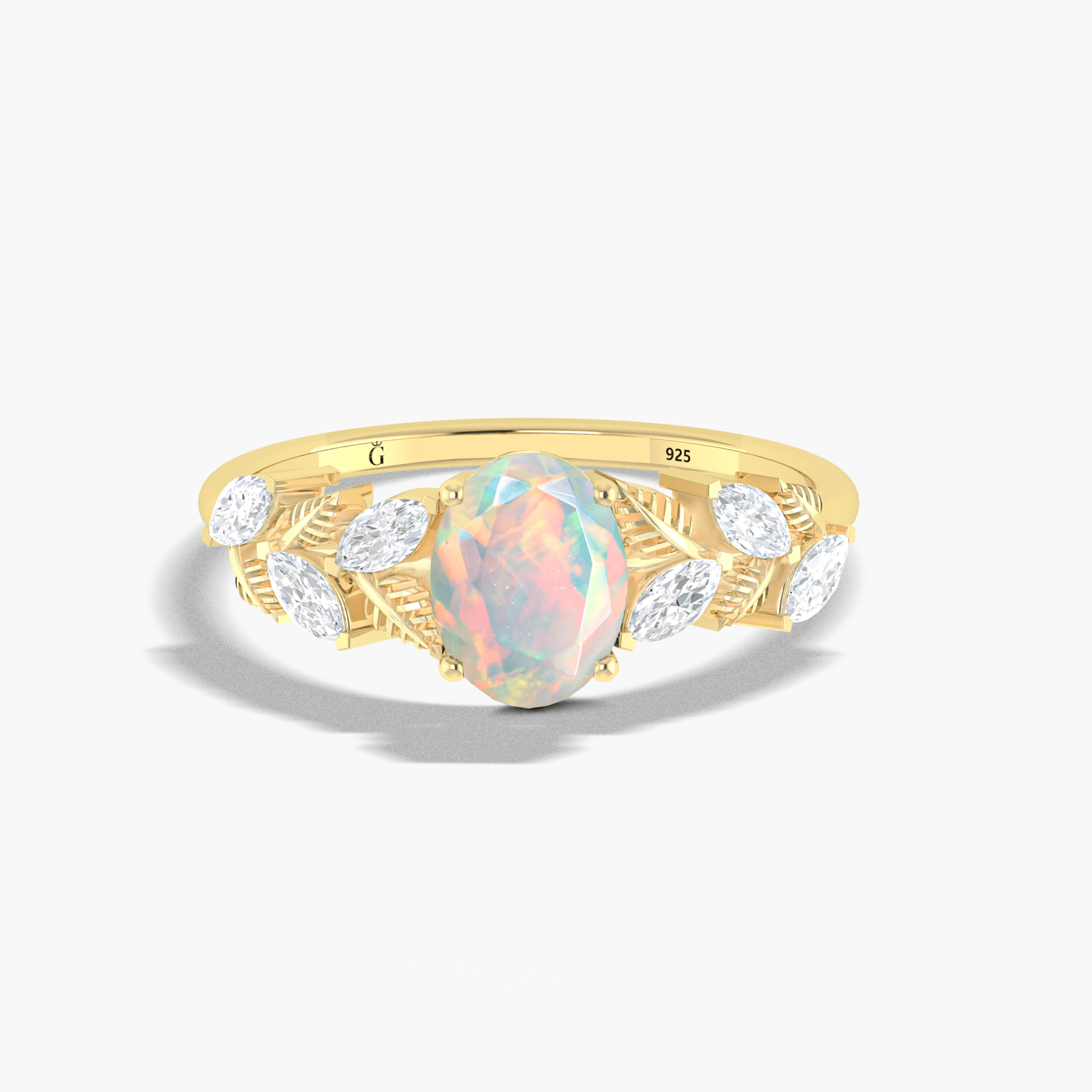 Designer Leaf Ring with 8X6 MM Natural White Opal and White Zircon - Goodstone Jewels