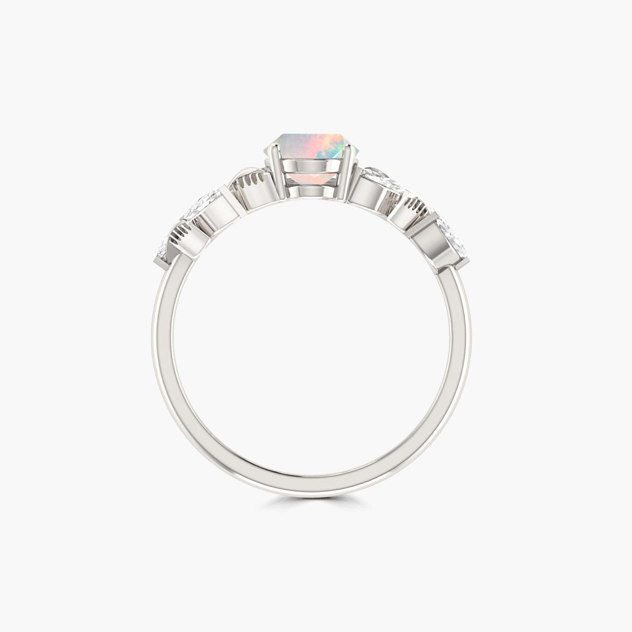 Designer Leaf Ring with 8X6 MM Natural White Opal and White Zircon - Goodstone Jewels