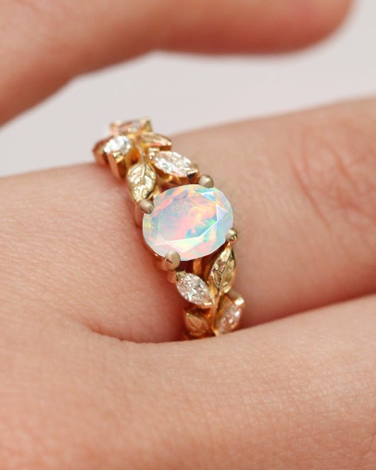 Designer Leaf Ring with 8X6 MM Natural White Opal and White Zircon - Goodstone Jewels