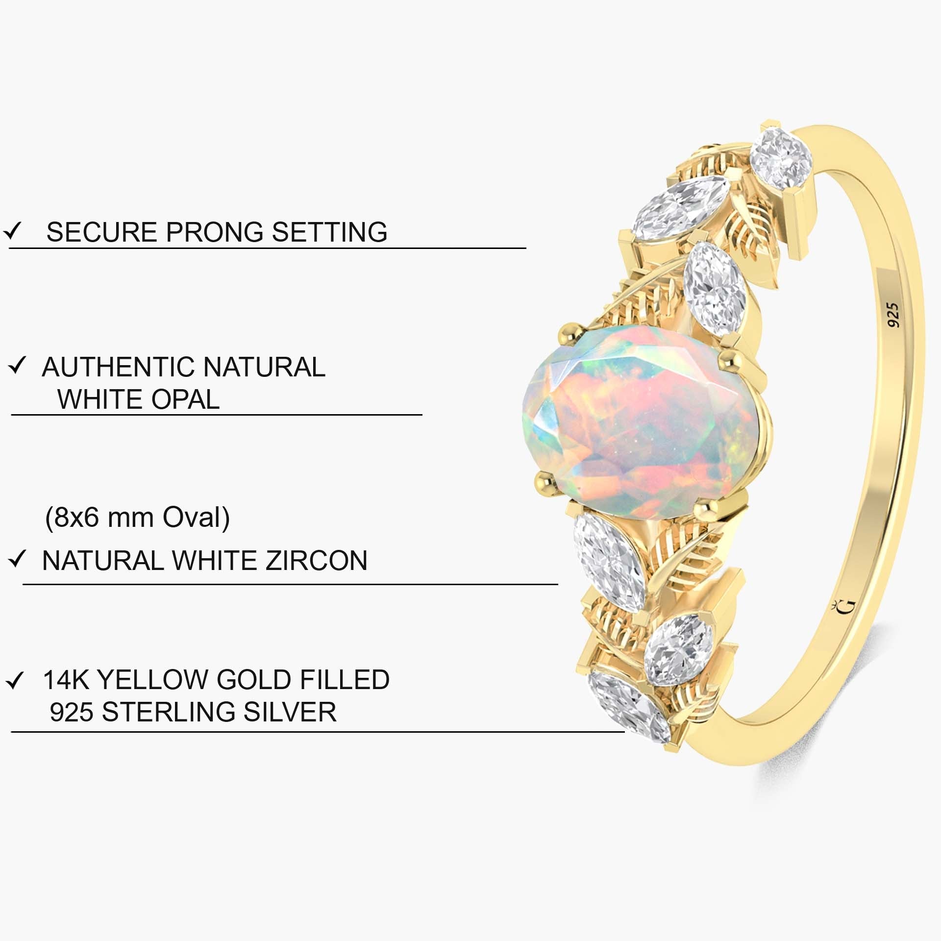 Designer Leaf Ring with 8X6 MM Natural White Opal and White Zircon - Goodstone Jewels