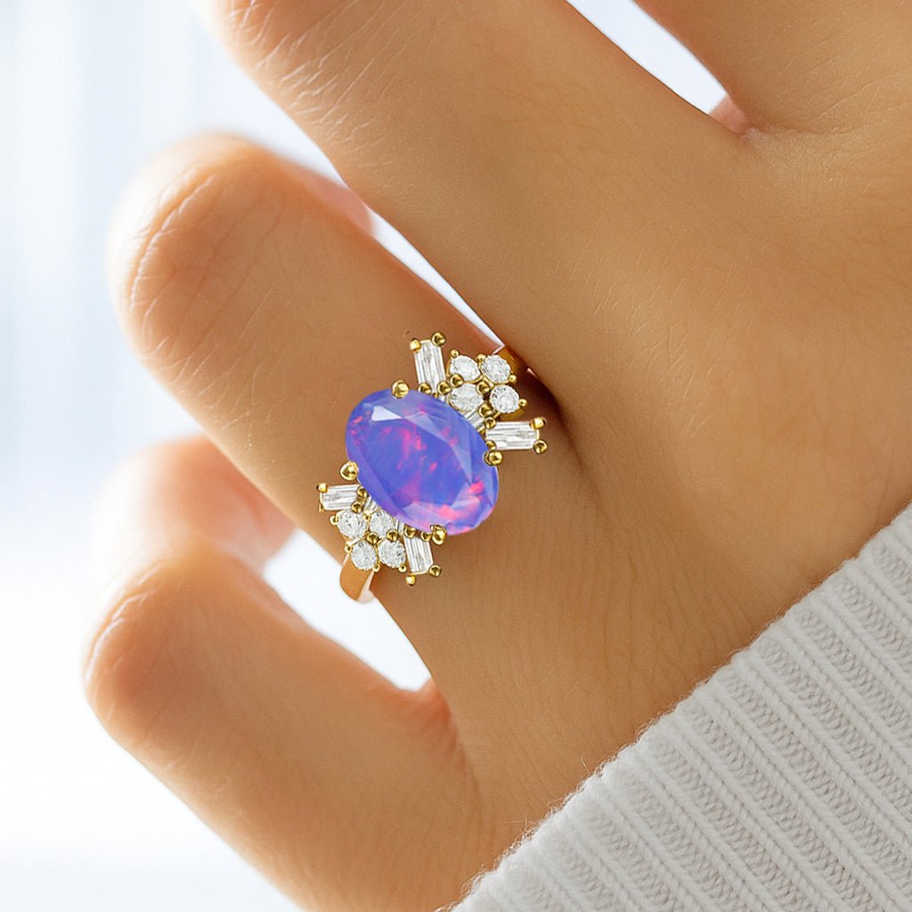 Designer Ring with Central Oval - Cut Natural Lavender Opal Gemstone - Goodstone Jewels
