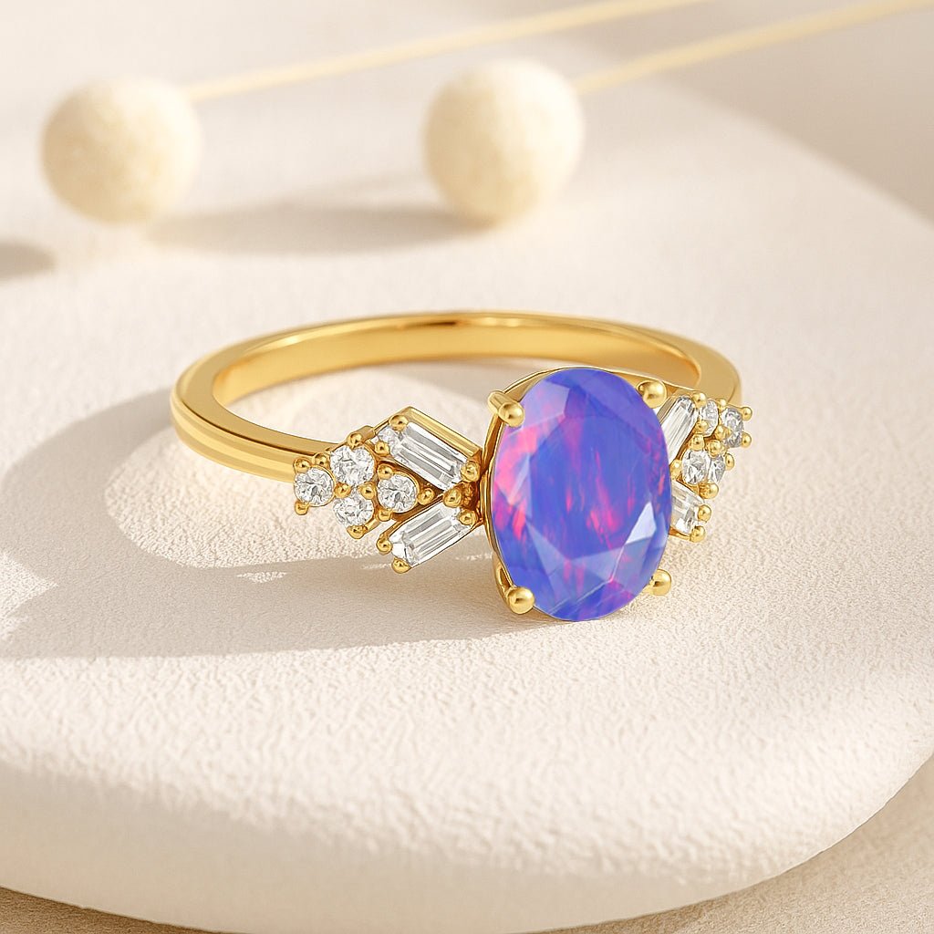 Designer Ring with Central Oval - Cut Natural Lavender Opal Gemstone - Goodstone Jewels