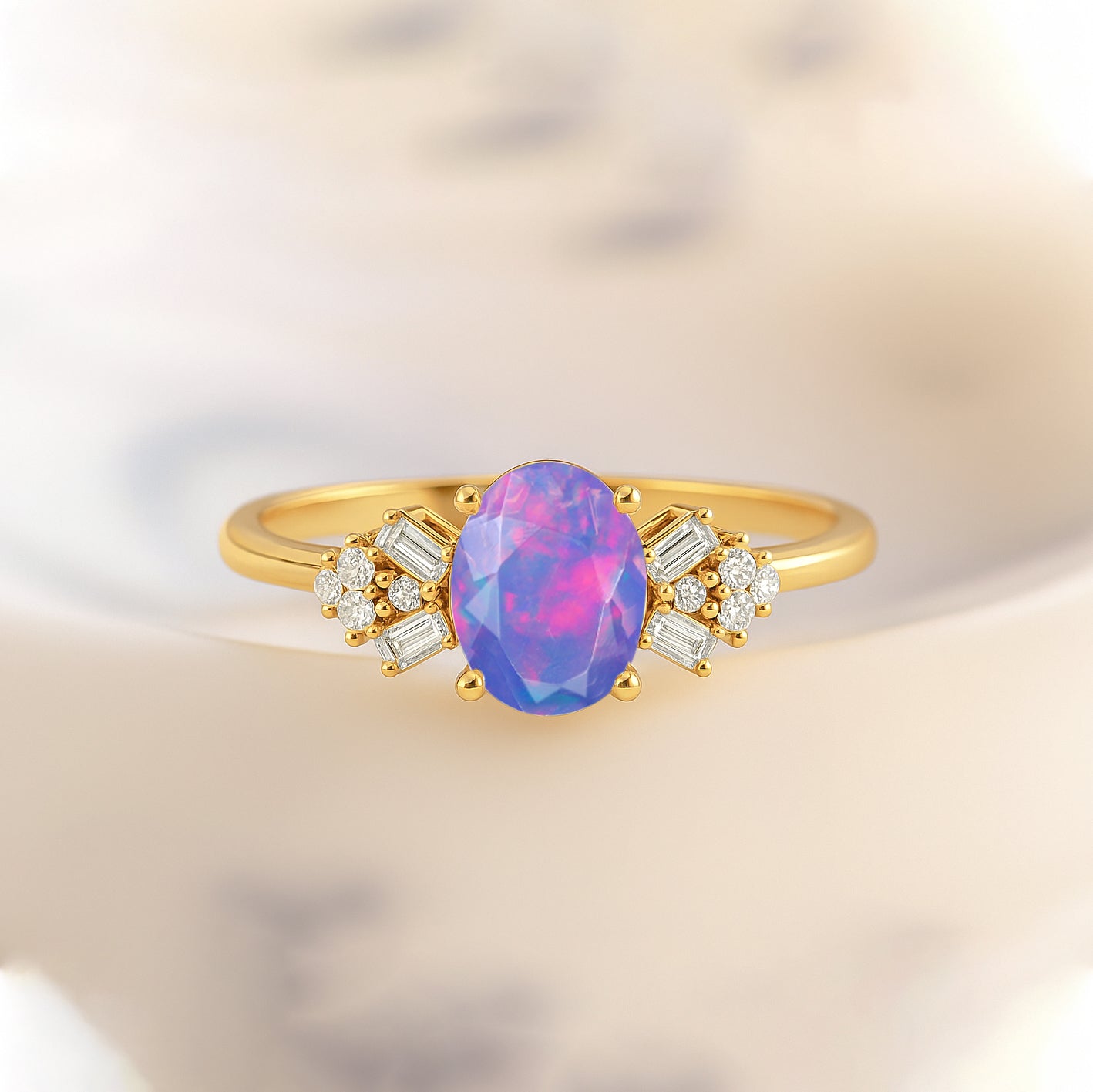 Designer Ring with Central Oval - Cut Natural Lavender Opal Gemstone - Goodstone Jewels