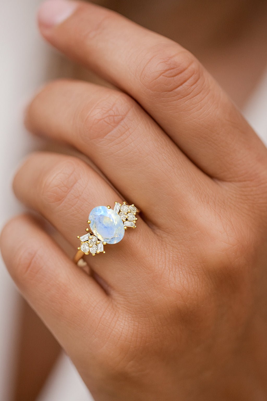 Designer Ring with Central Oval - Cut Natural Moonstone Gemstone - Goodstone Jewels