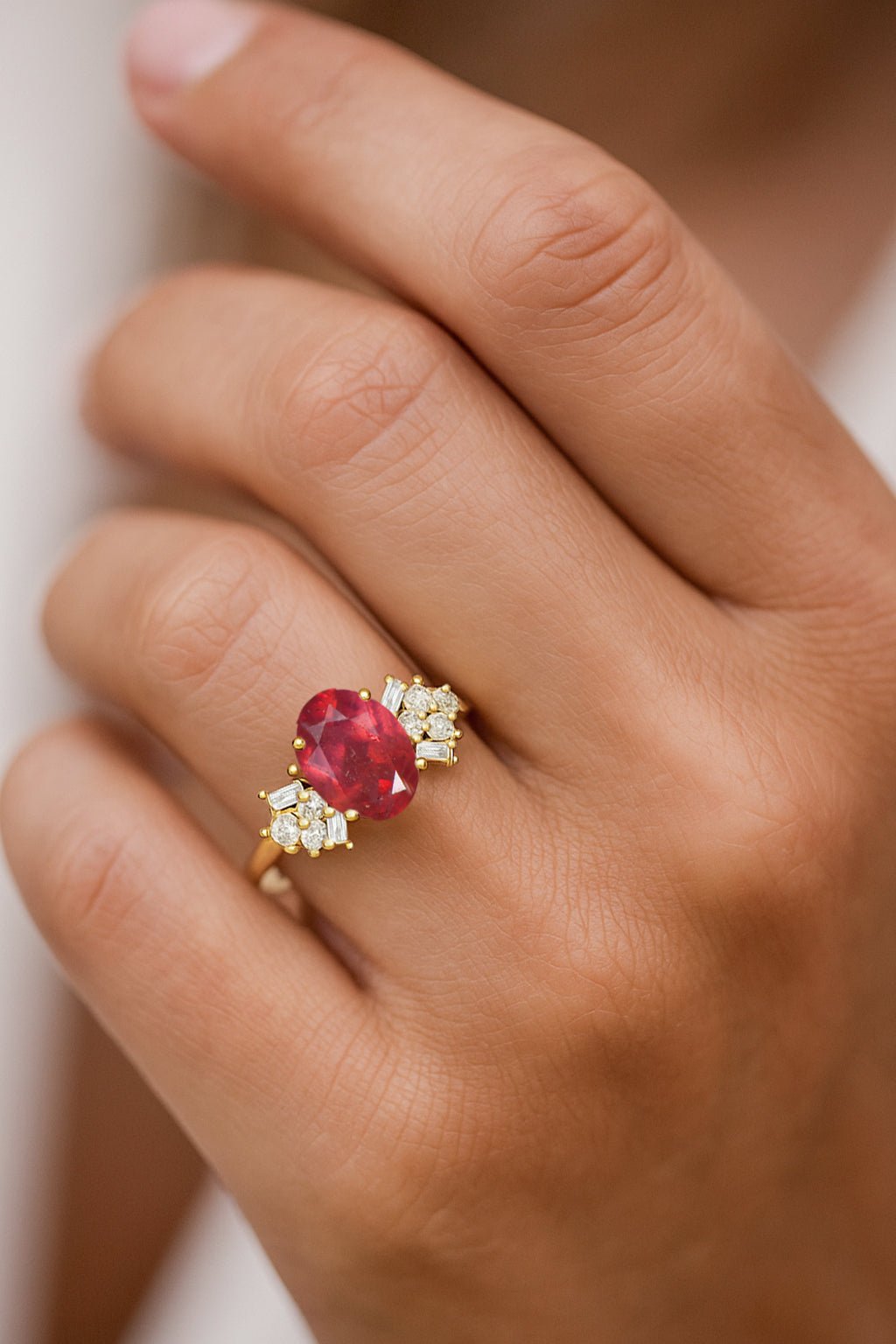 Designer Ring with Central Oval - Cut Natural Ruby Gemstone - Goodstone Jewels