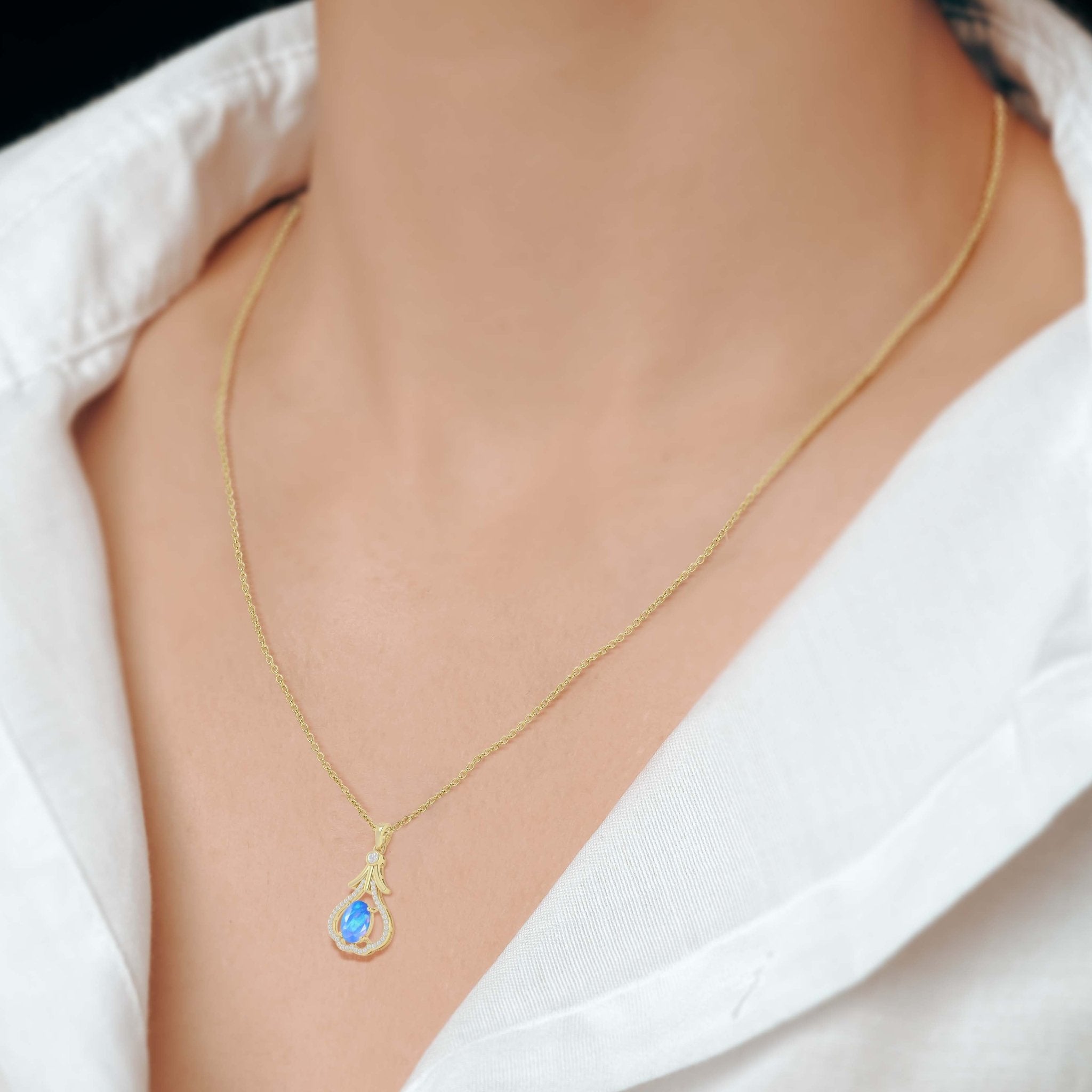 Designer Tear Drop Style Chain Pendant Necklace Natural Blue Opal in Silver - Goodstone Jewels