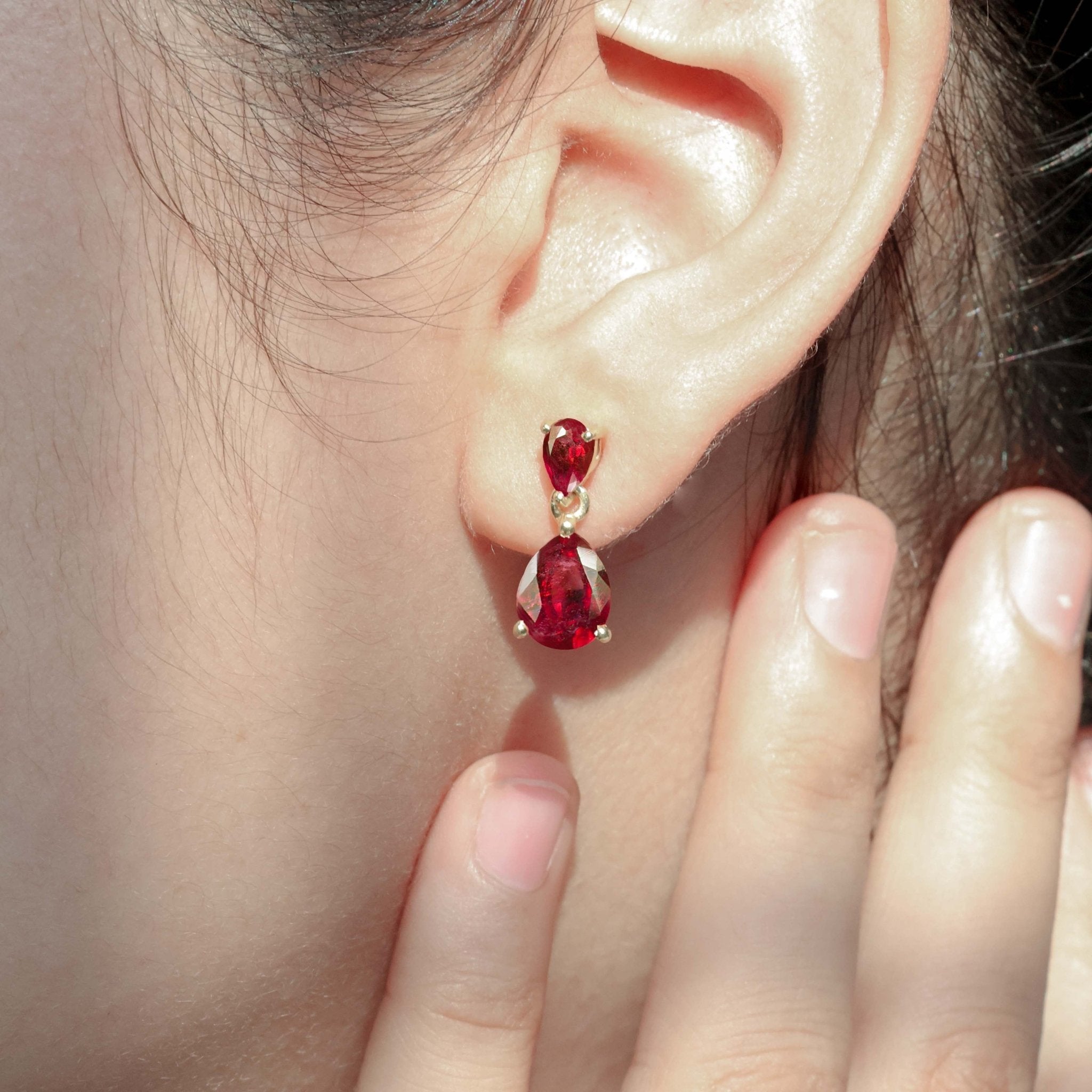 Dual Red Ruby Pear Drop Stud Earrings - Goodstone Jewels