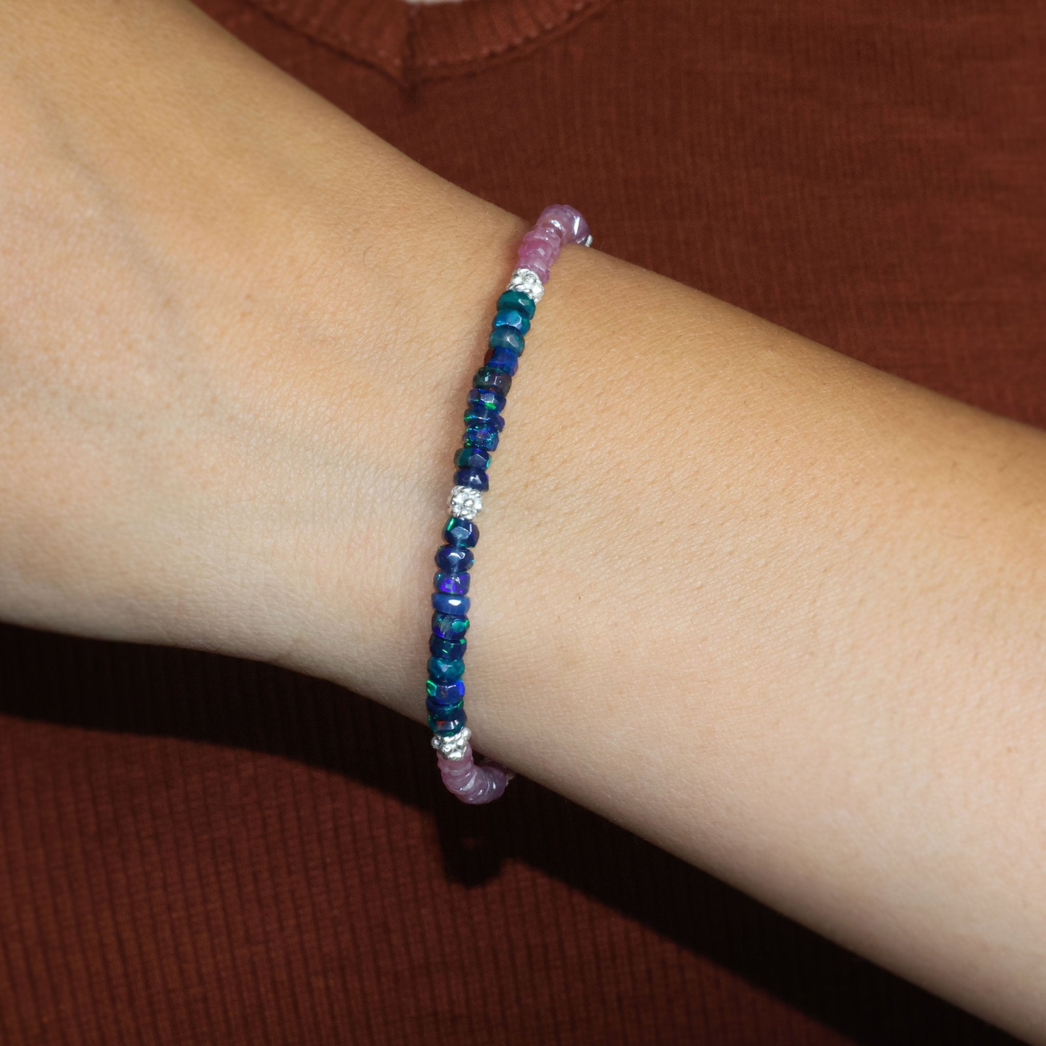 Dual Stone Faceted Separator Natural Black Opal & Ruby Bracelet - Goodstone Jewels