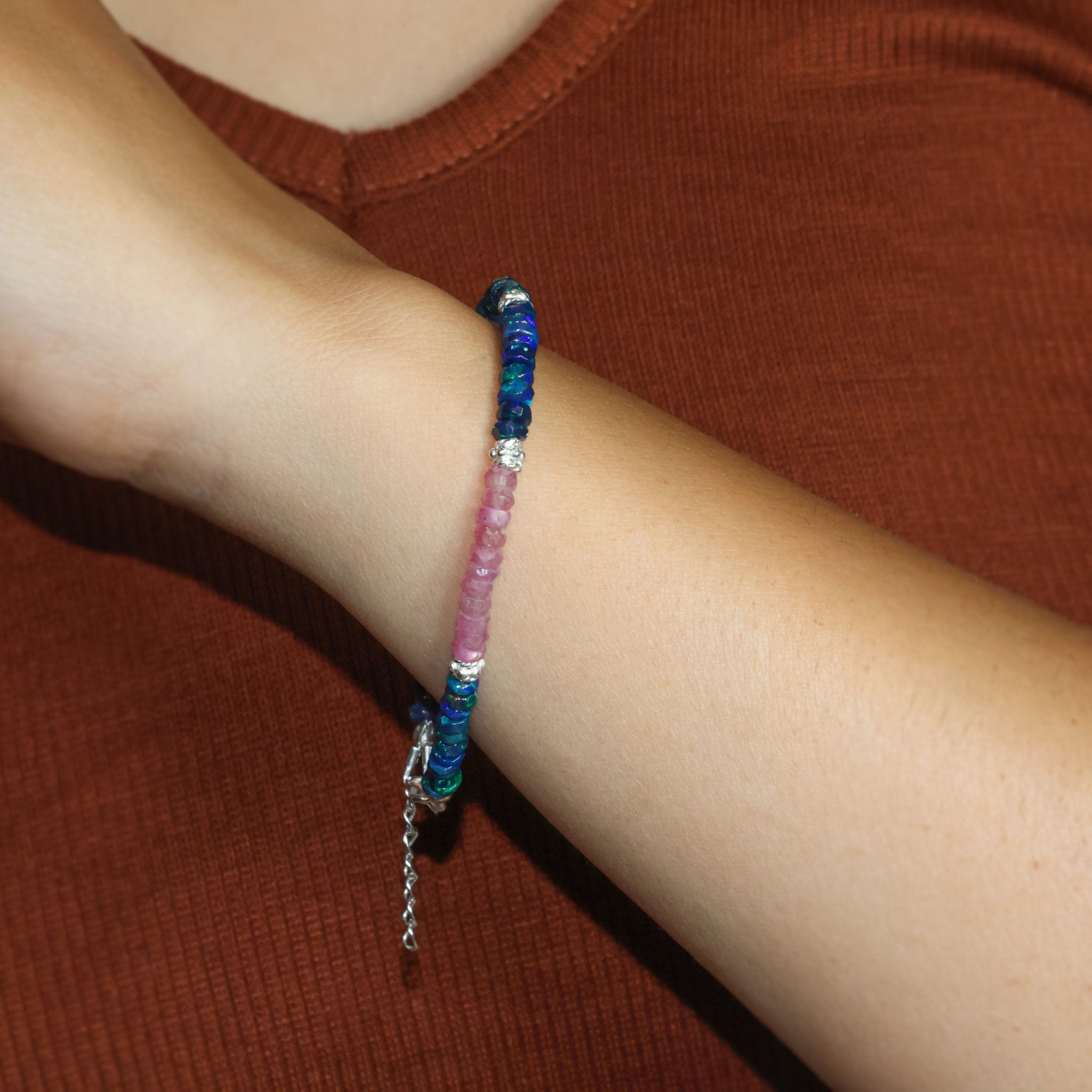 Dual Stone Faceted Separator Natural Black Opal & Ruby Bracelet - Goodstone Jewels