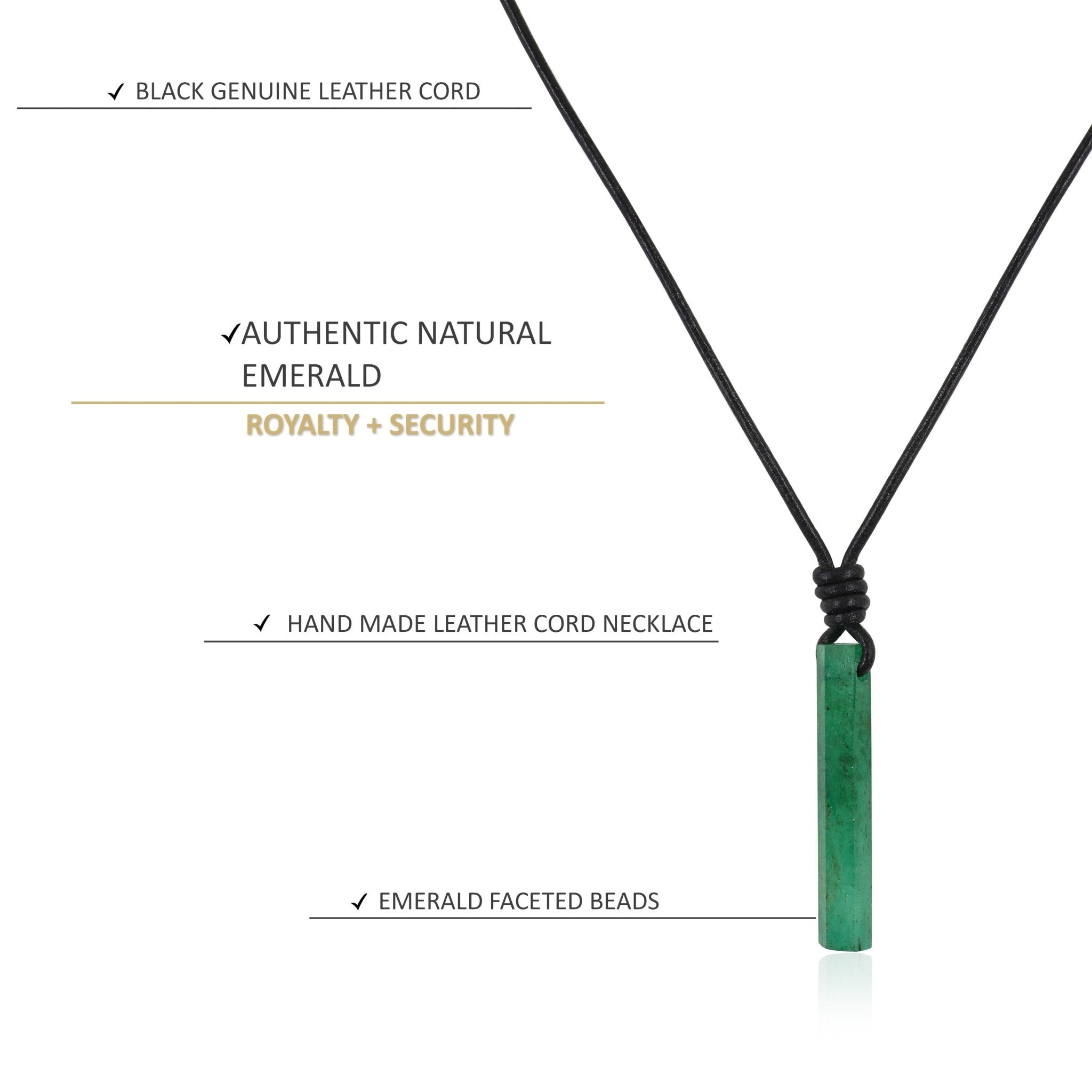 Emerald Pencil Pendant on Black Leather 16 + 2 Inches Necklace - Goodstone Jewels