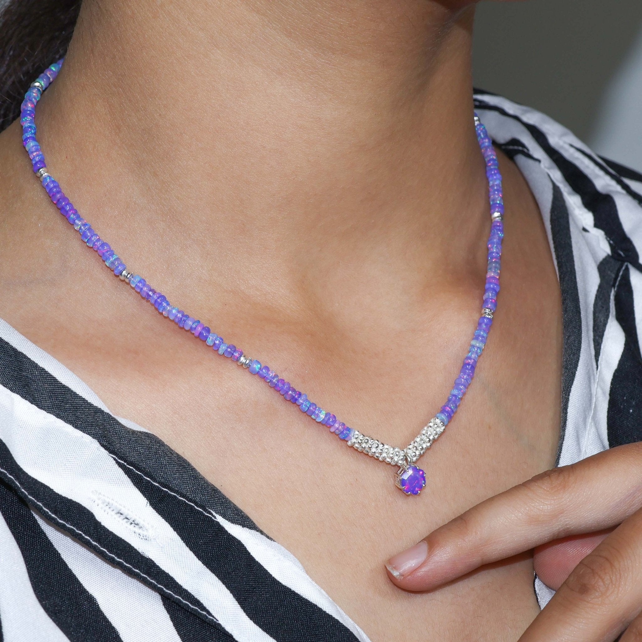 Enchanting Lavender Opal Beaded Necklace in 925 Sterling silver - Goodstone Jewels