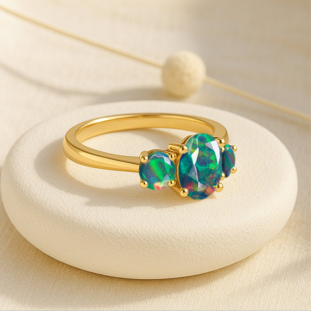 Engagement Wedding Three Stone Rings with Natural Black Opal - Goodstone Jewels