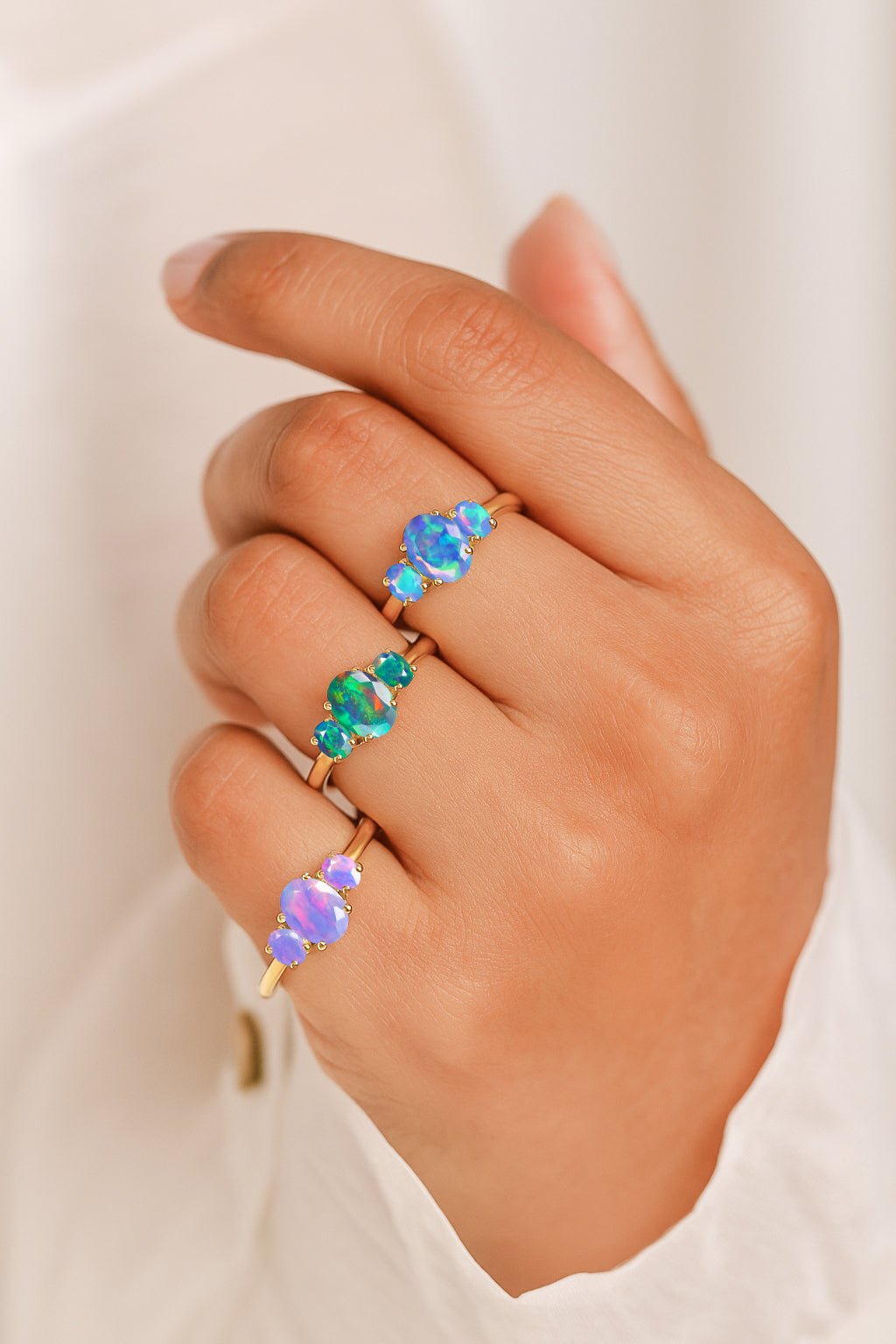 Engagement Wedding Three Stone Rings with Natural Blue Opal - Goodstone Jewels